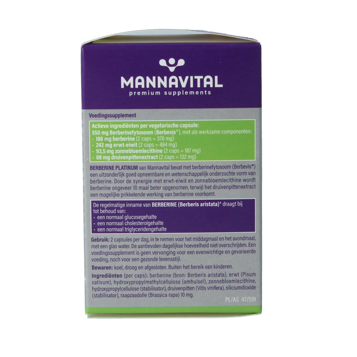 Mannavital Berberine Platinum vegetarian capsules, herbal supplement in a white bottle with label, on a plain background.