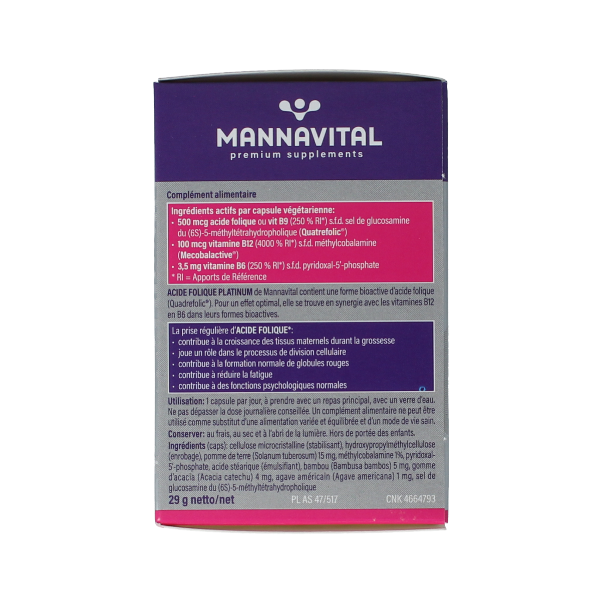 Mannavital Foliumzuur Platinum vegetarian capsules, dietary supplement in a clear bottle with capsules visible.
