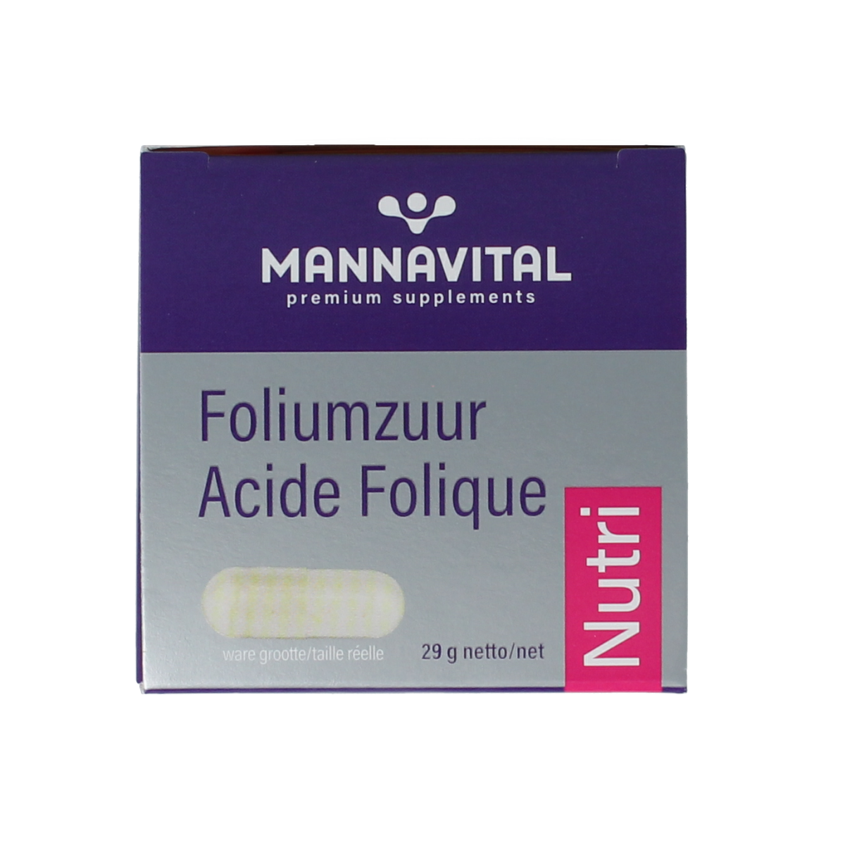 Mannavital Foliumzuur Platinum vegetarian capsules, vitamin supplement, clear bottle with label, white background, close-up.