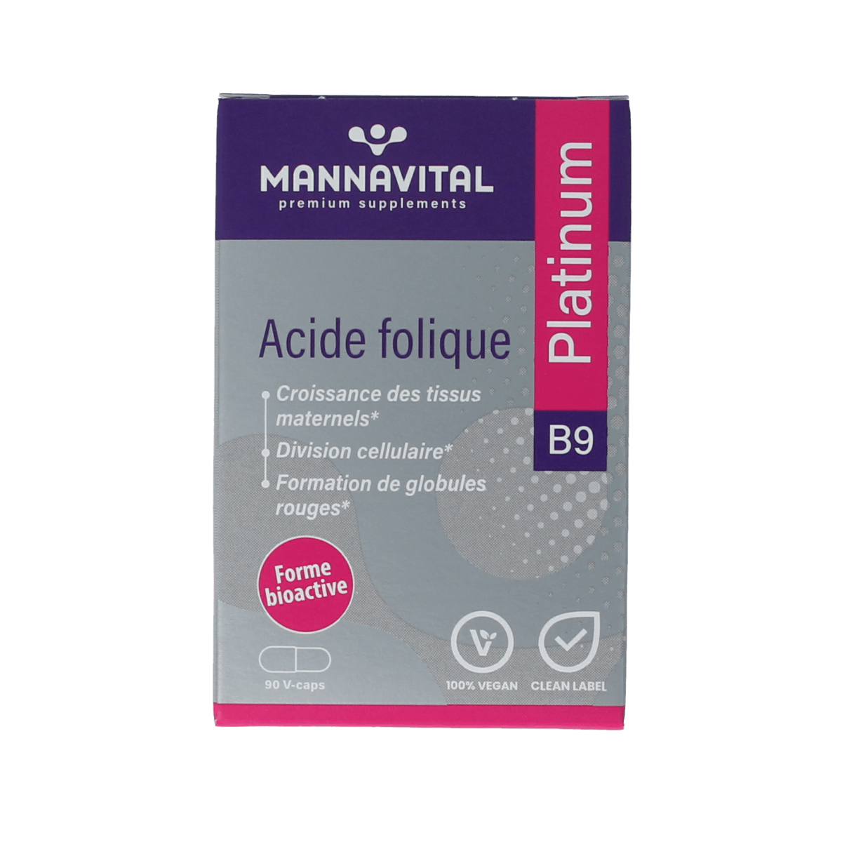 Mannavital Foliumzuur Platinum vegetarian capsules, vitamin supplement bottle with 90 capsules on a white background.