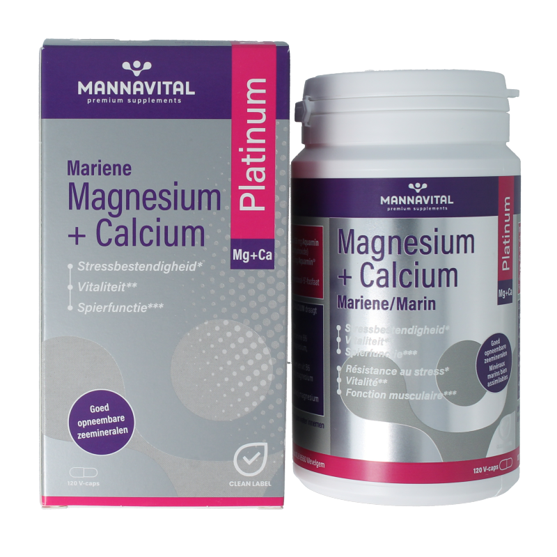 Mannavital Mariene magnesium and calcium platinum vegetarian capsules, mineral supplement in a blister pack.