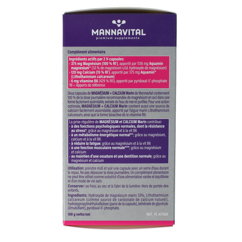 Mannavital Mariene magnesium and calcium platinum mineral supplement in 120 vegetarian capsules, shown in bottle with capsules inside.