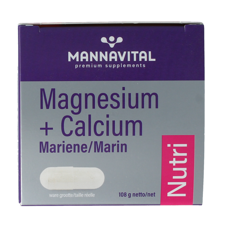 Mannavital Mariene Magnesium and Calcium platinum mineral capsules, vegetarian dietary supplement bottles.