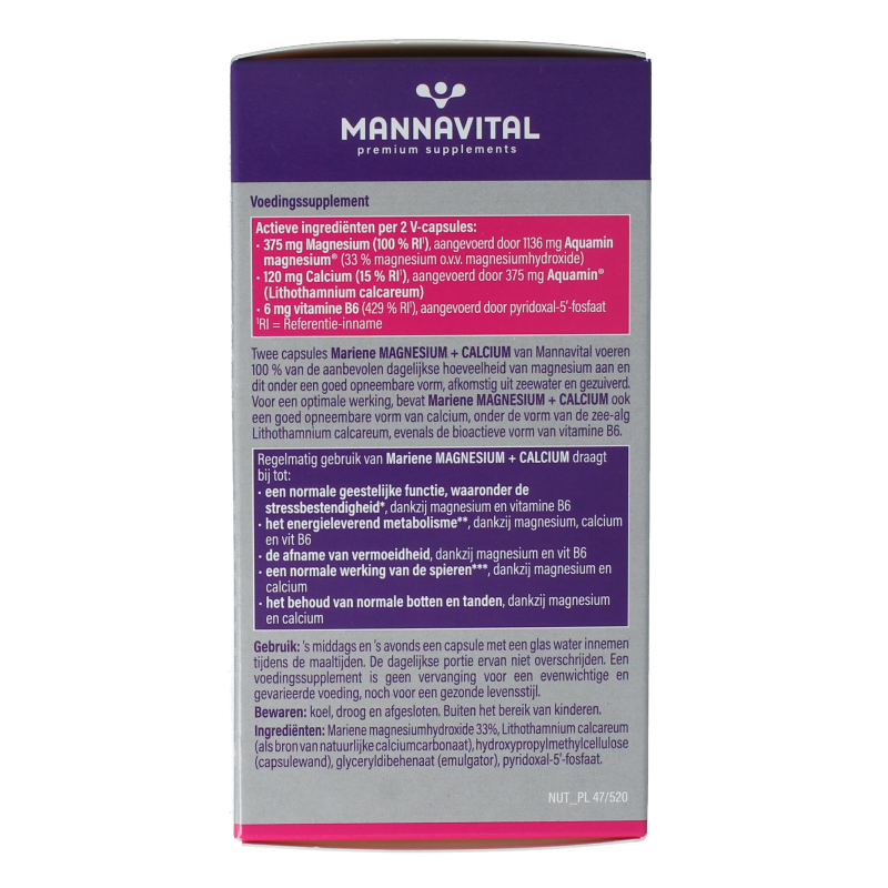 Mannavital Mariene magnesium and calcium platinum mineral capsules, vegetarian dietary supplement bottle with capsules inside.