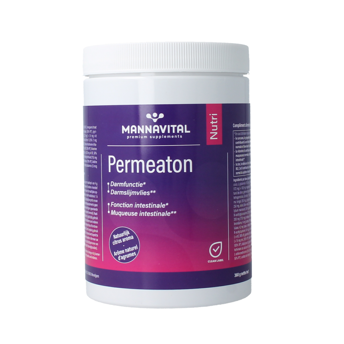 Mannavital Permeaton mineral supplement in a 360g container, part of Mannavital's multivitamin and mineral product line.