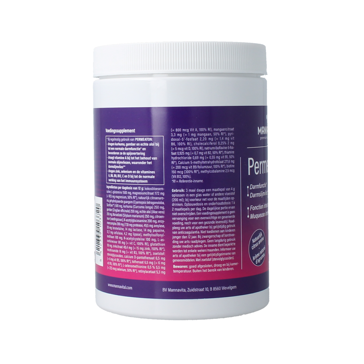 Mannavital Permeaton 360g mineral multivitamin supplement in a clear container with label showing product details.