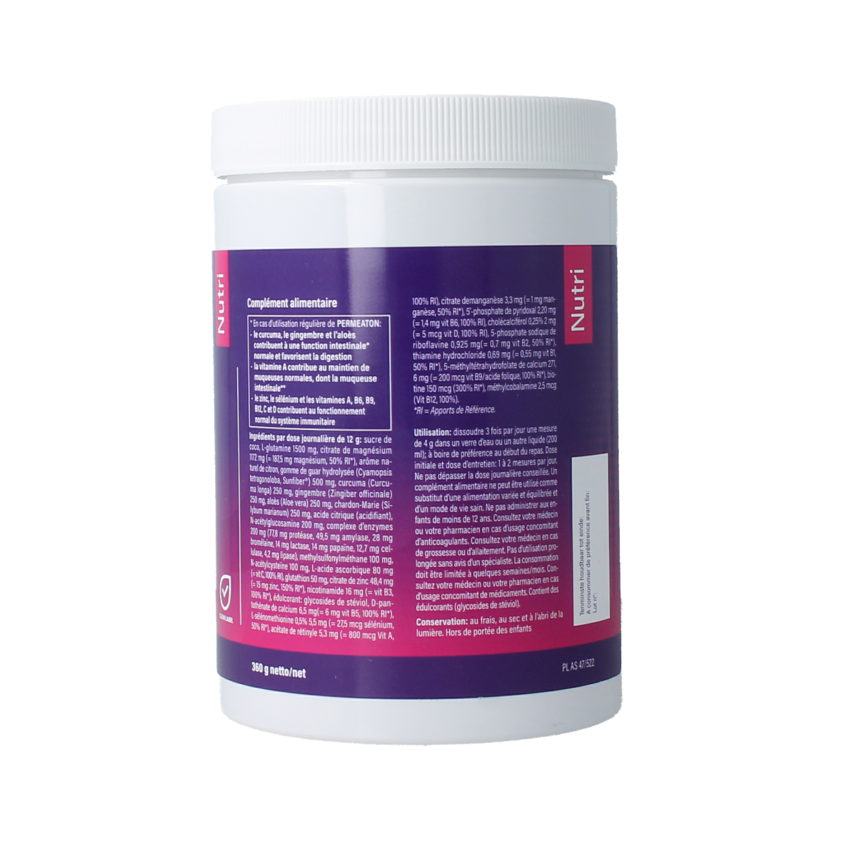 Mannavital Permeaton mineral multivitamin supplement bottle with 360 grams of product, featuring label details and cap.
