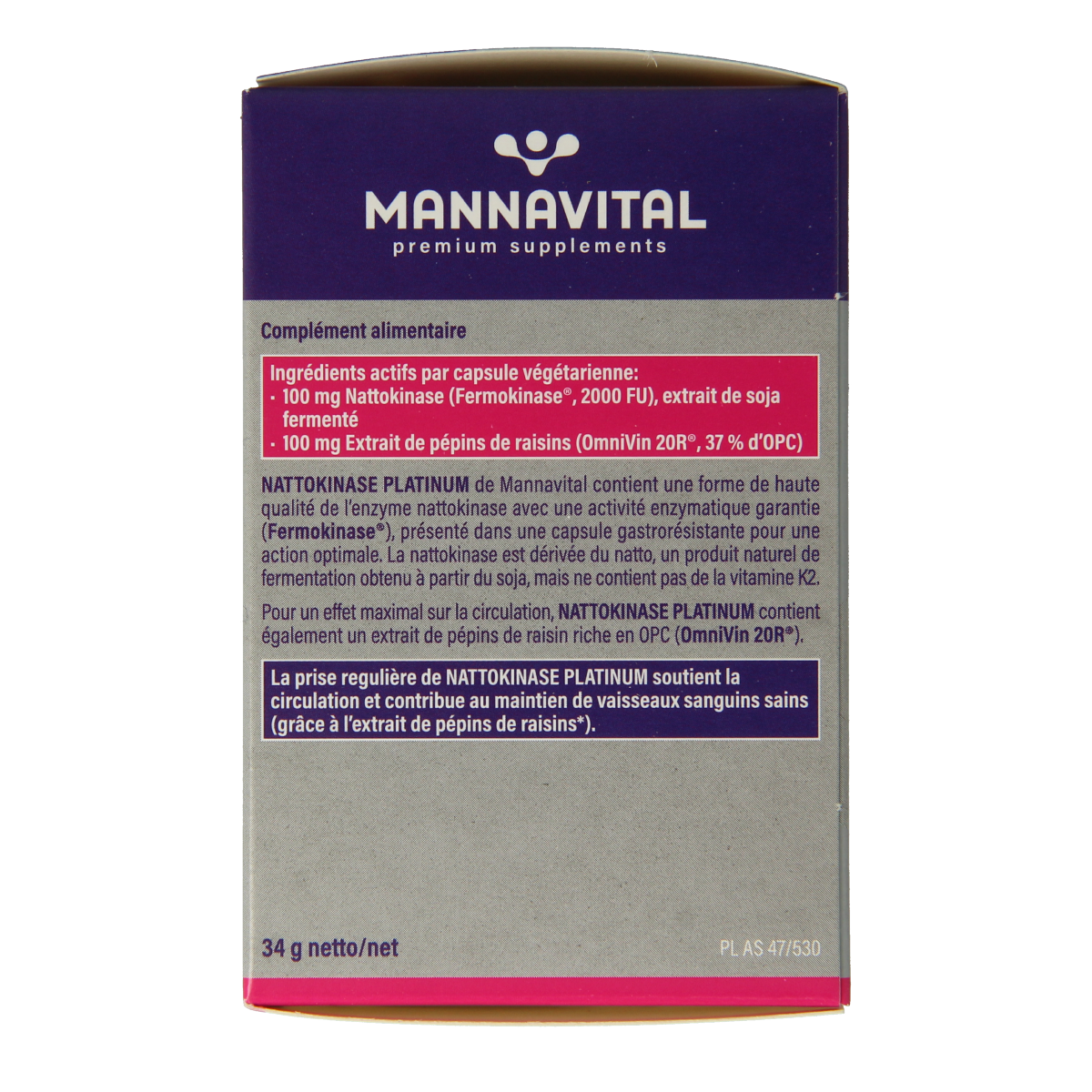 Vegetarische Mannavital Nattokinase Platinum capsules, Vezels en Enzymen supplement, in a white bottle with label detail.
