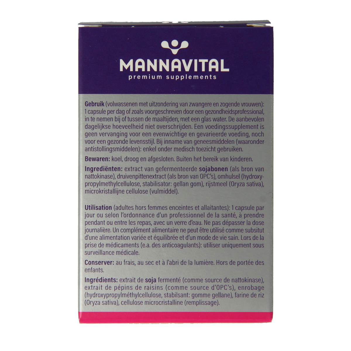 Vegetarian Mannavital Nattokinase Platinum capsules, dietary fiber and enzyme supplement, shown in blister pack.
