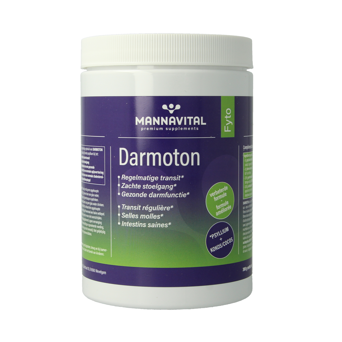 Mannavital Darmoton probiotic supplement with fibers and enzymes in a 300g container, designed to support digestive health.