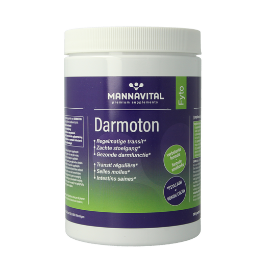 Mannavital Darmoton probiotic supplement with fibers and enzymes in a 300g container, designed to support digestive health.