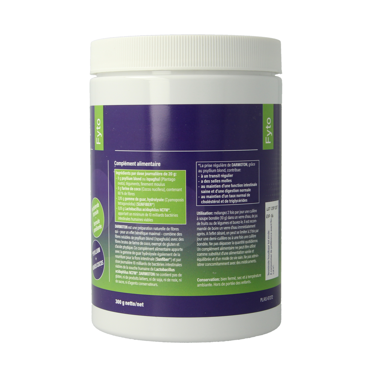Mannavital Darmoton 300g container of dietary fibers and enzymes, featuring a label with product details and branding.