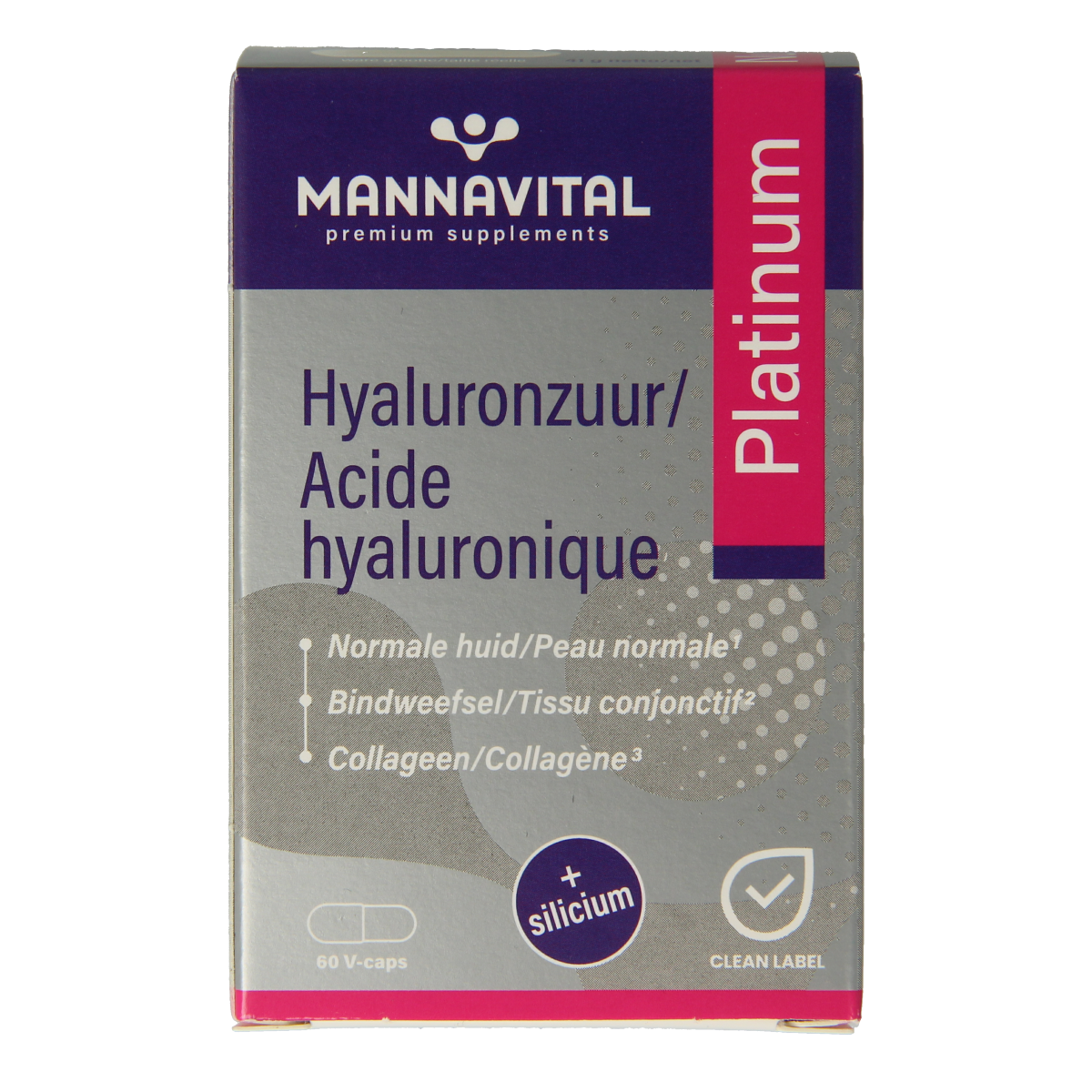 Mannavital Hyaluronzuur platinum capsules, dietary supplement for skin hydration and joint health, 60 capsules.