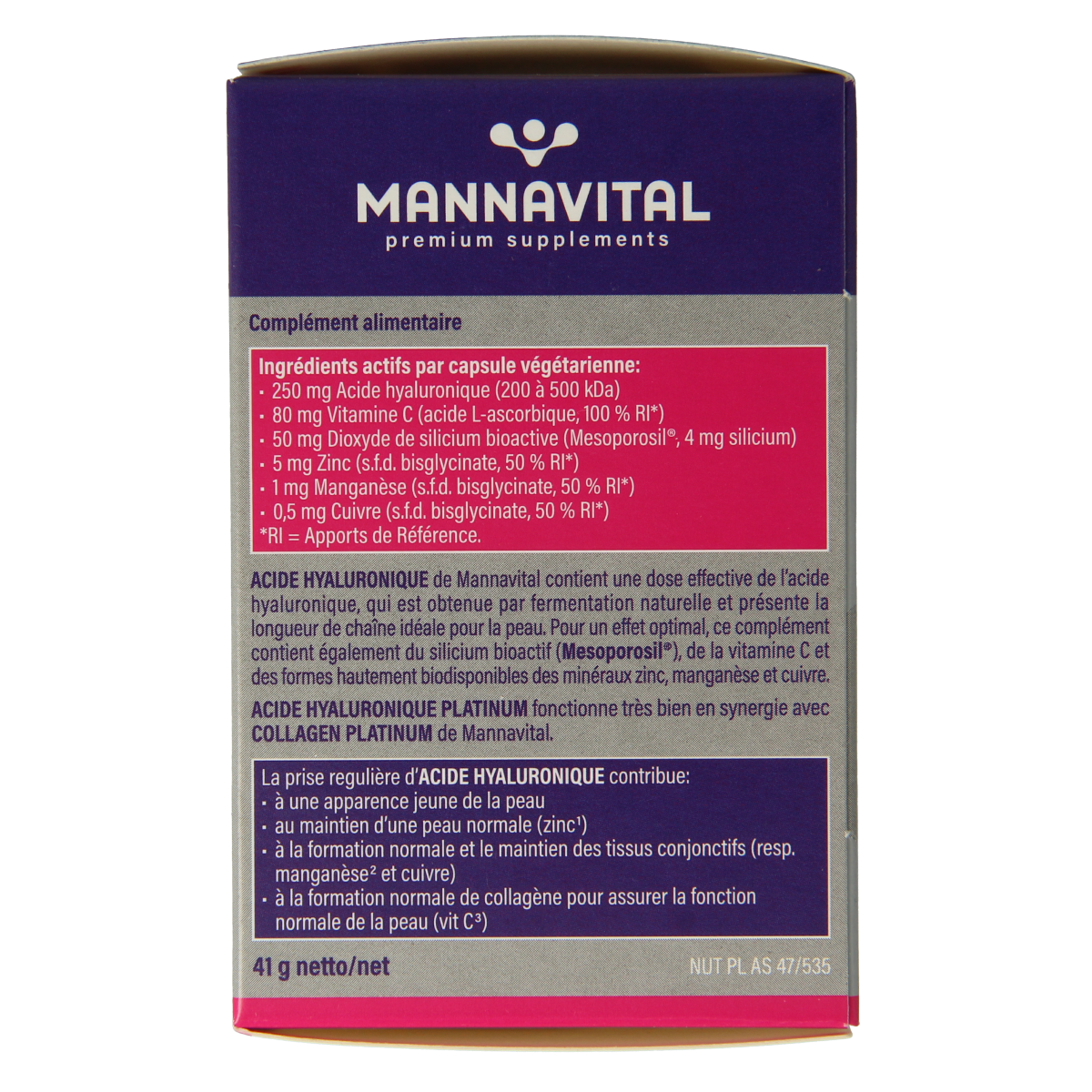 Mannavital Hyaluronzuur Platinum capsules, dietary supplement for skin hydration and joint health, in a clear bottle with capsules