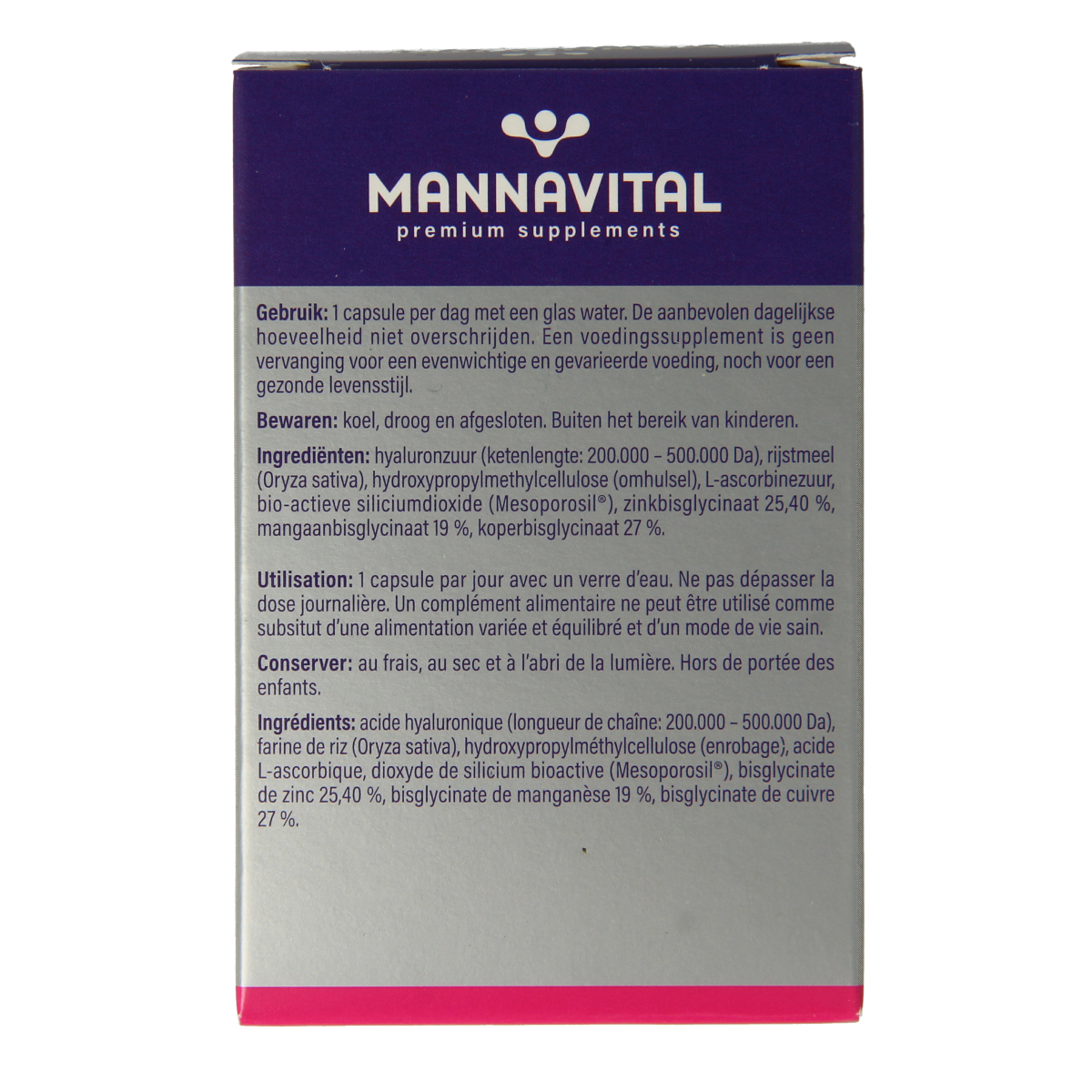 Mannavital Hyaluronzuur Platinum capsules, dietary supplement with 60 capsules for skin hydration and joint support.