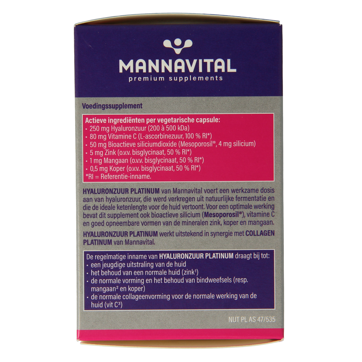 Mannavital Hyaluronzuur Platinum capsules, dietary supplement with 60 capsules for skin hydration and joint support.