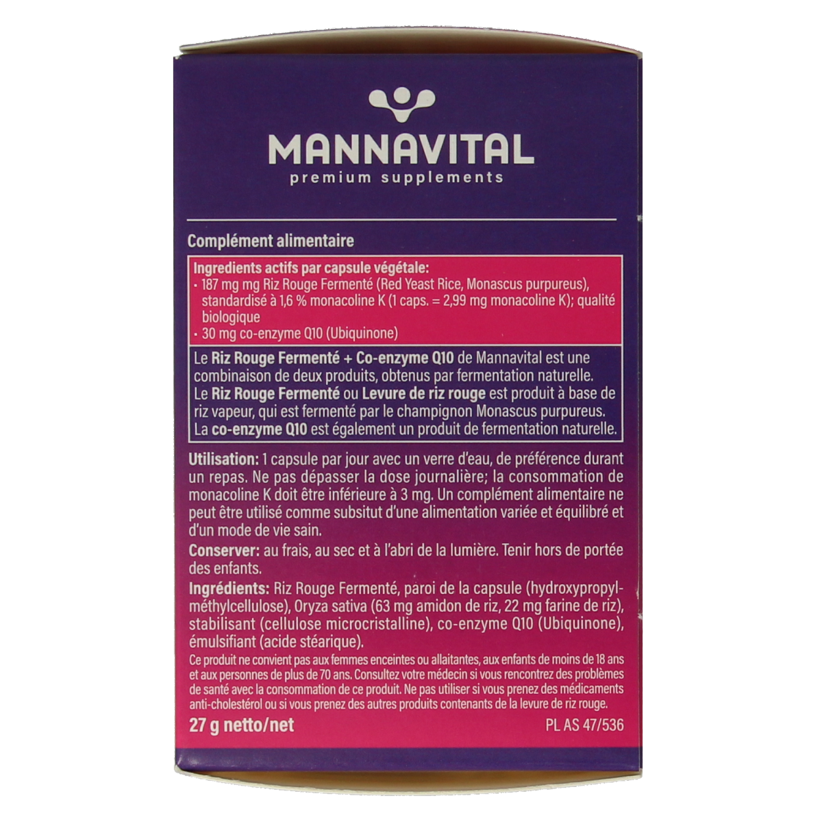 Mannavital fermented red rice vegetarian capsules in a clear bottle, showing capsules inside.