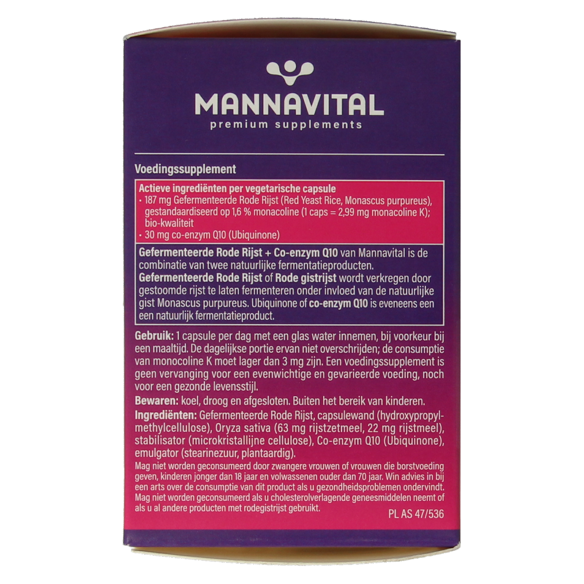 Mannavital Gefermenteerde rode rijst vegetarische capsules, herbal supplement in a clear bottle with capsules inside