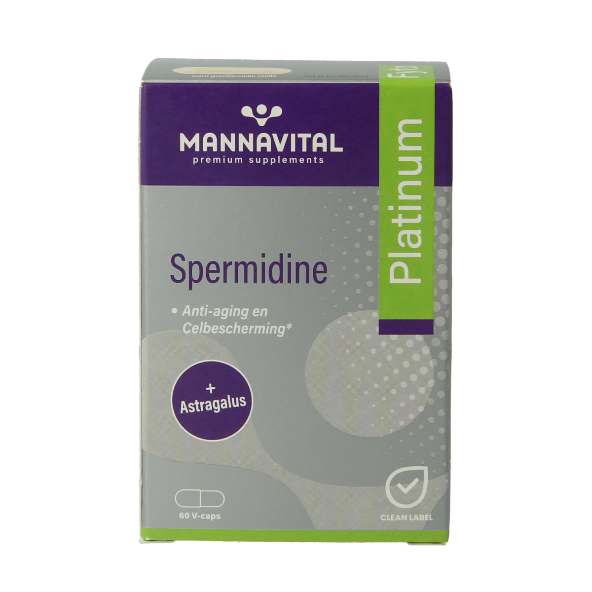 Vegetarische capsules van Mannavital Spermidine Platinum supplement, verpakt in een heldere doos met capsules zichtbaar.