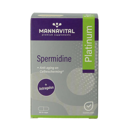 Vegetarische capsules van Mannavital Spermidine Platinum supplement, verpakt in een heldere doos met capsules zichtbaar.