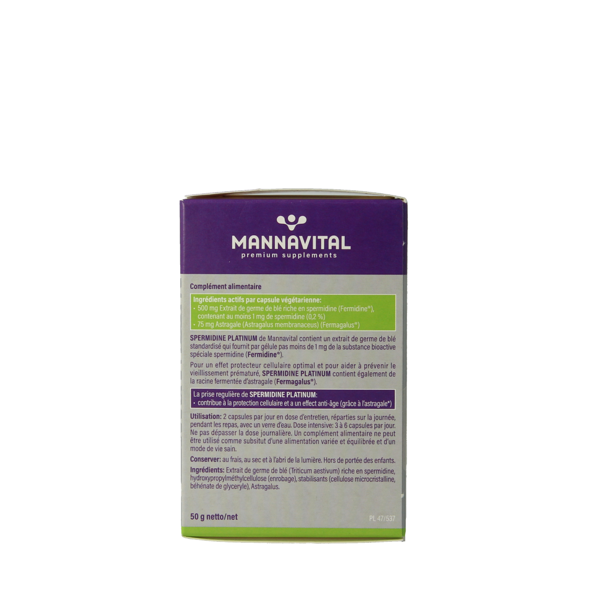 Mannavital Spermidine Platinum vegetarian capsules in a jar, supplement with herbal ingredients for health and wellness.