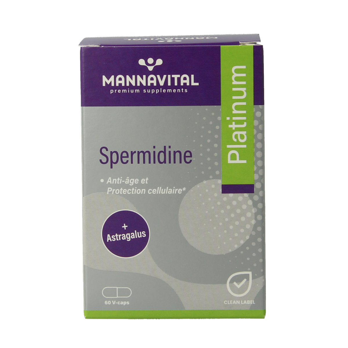 Mannavital Spermidine Platinum vegetarian capsules, dietary supplement in clear bottle with label, for health and wellness.