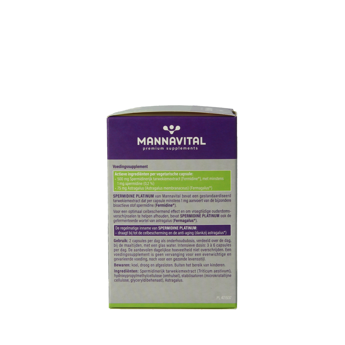 Mannavital Spermidine Platinum vegetarian capsules, herbal supplement in a clear bottle with white cap, labeled packaging.