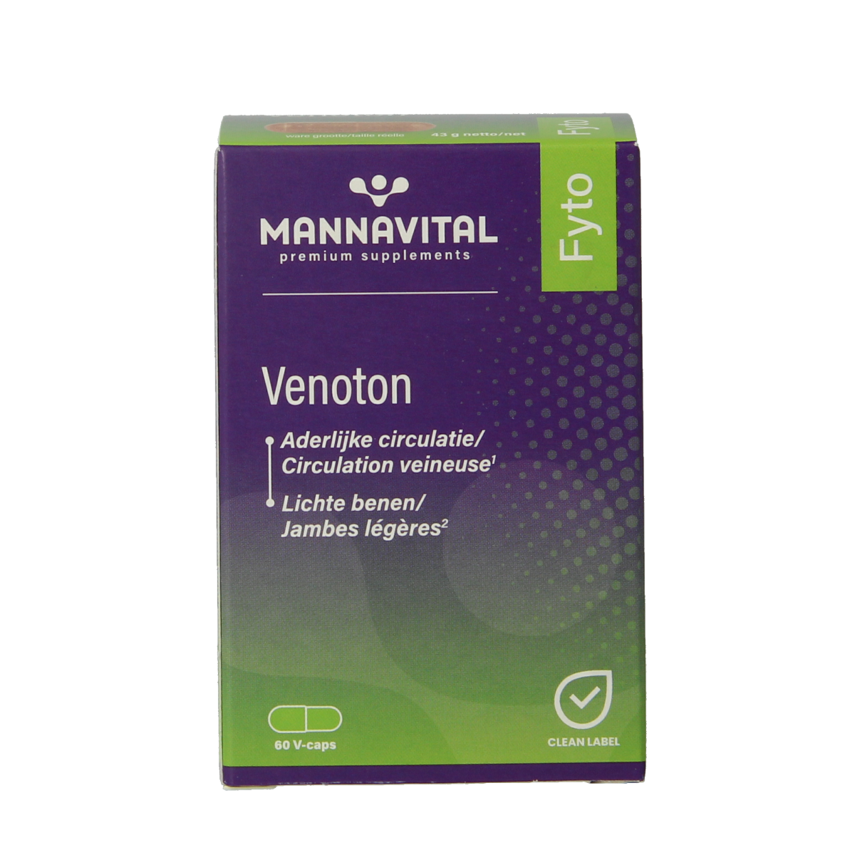 Mannavital Venoton vegetarian capsules, herbal supplement product with plant-based ingredients, displayed in a clear container.