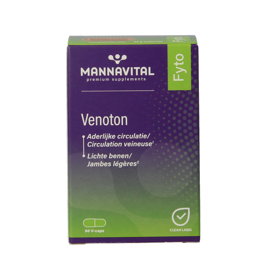 Mannavital Venoton vegetarian capsules, herbal supplement product with plant-based ingredients, displayed in a clear container.