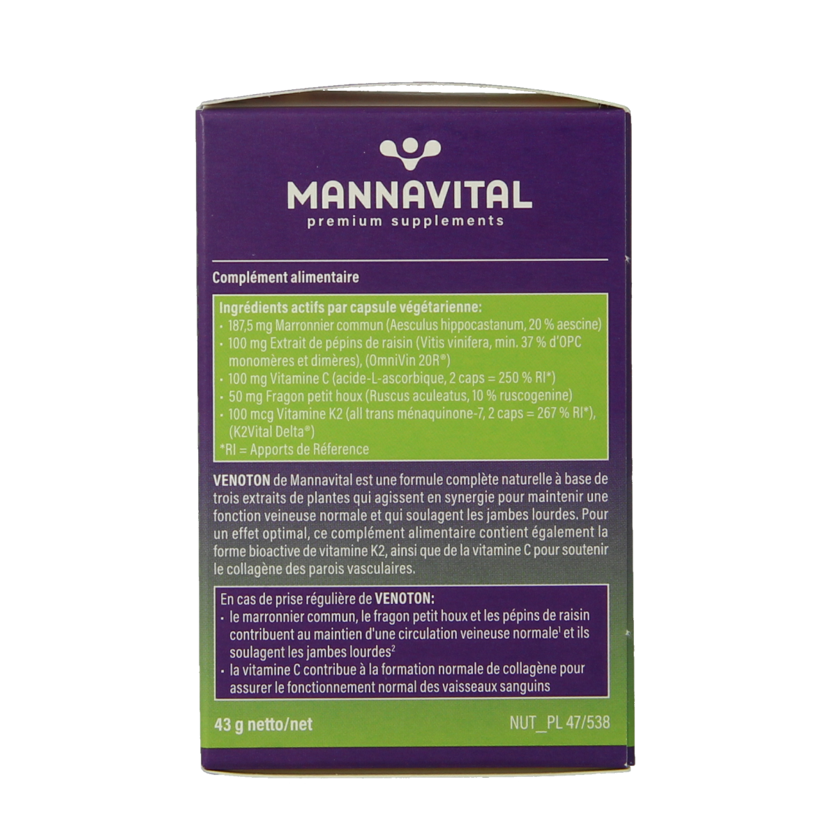 Mannavital Venoton vegetarian capsules, herbal supplement capsules in a clear bottle, designed for circulatory support.