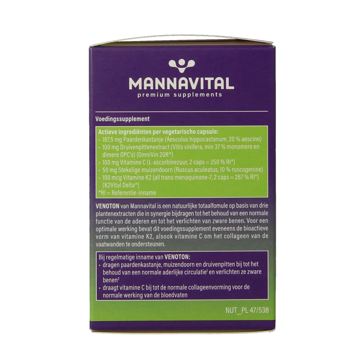 Mannavital Venoton vegetarian capsules, herbal supplement in a clear bottle with blue cap and label, designed for vein health.