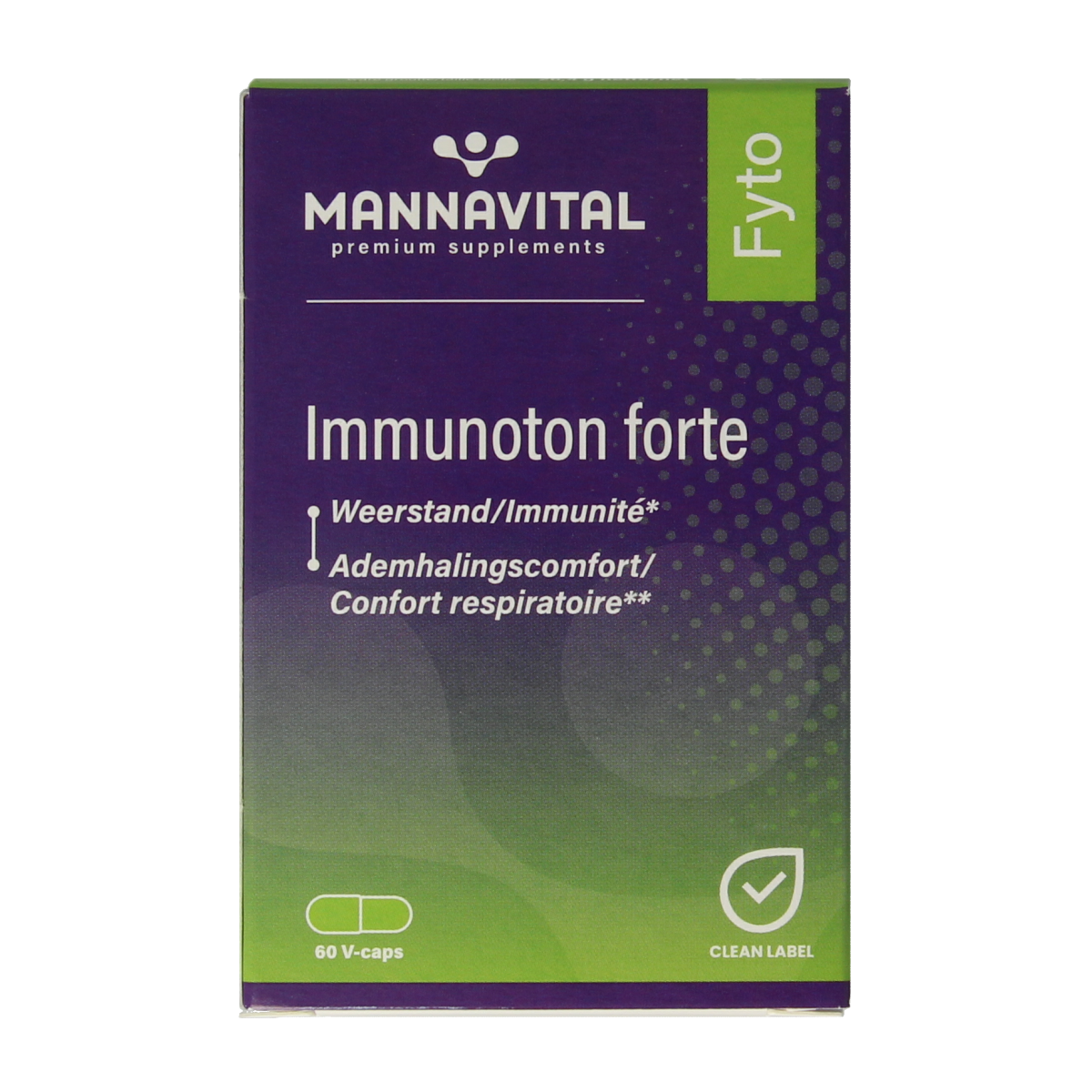 Mannavital Immunoton Forte vegetarian herbal capsules in a clear container, designed to support immune health.