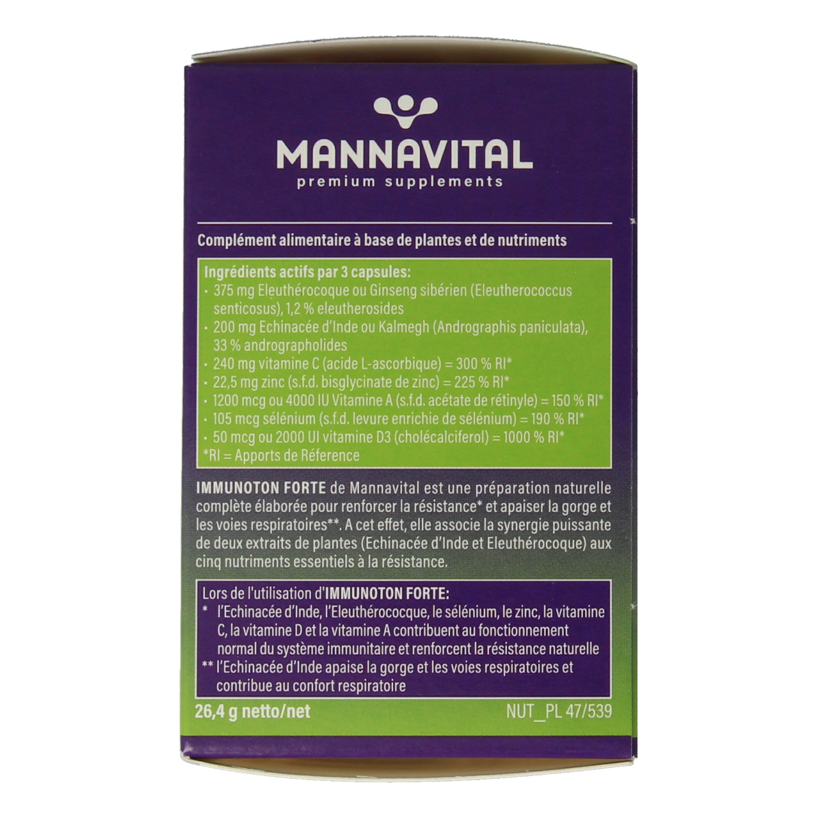 Mannavital Immunoton Forte vegetarian capsules, herbal supplement for immune support, in a white bottle with label.