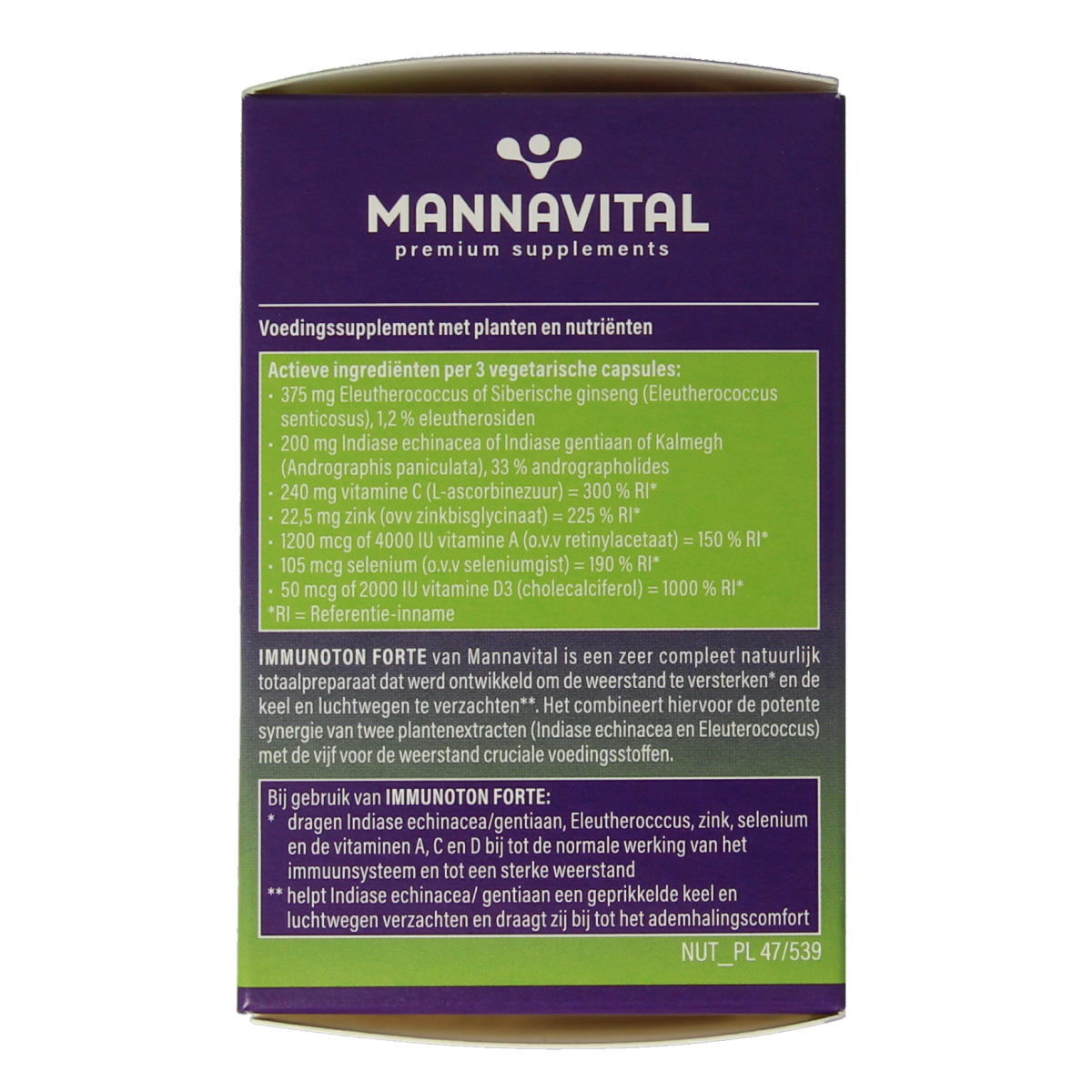 Mannavital Immunoton Forte vegetarian herbal capsules in a bottle, dietary supplement for immune support.