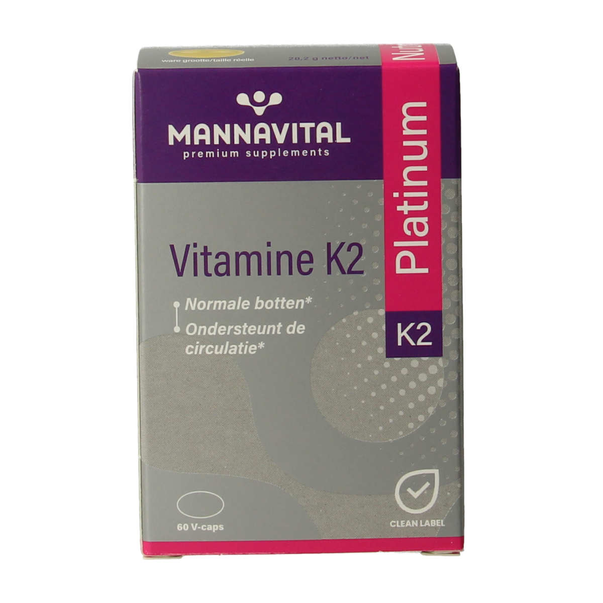 Mannavital Vitamin K2 vegetarian capsules in a bottle, dietary supplement for bone and heart health.