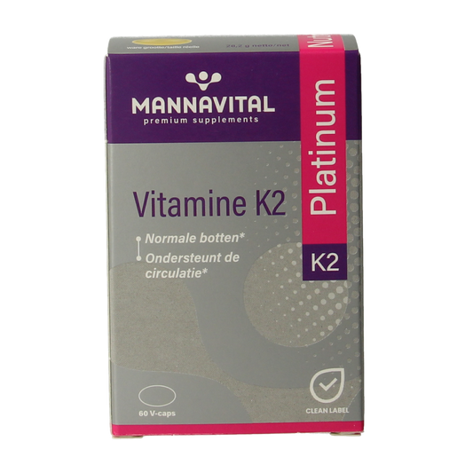 Mannavital Vitamin K2 vegetarian capsules in a bottle, dietary supplement for bone and heart health.
