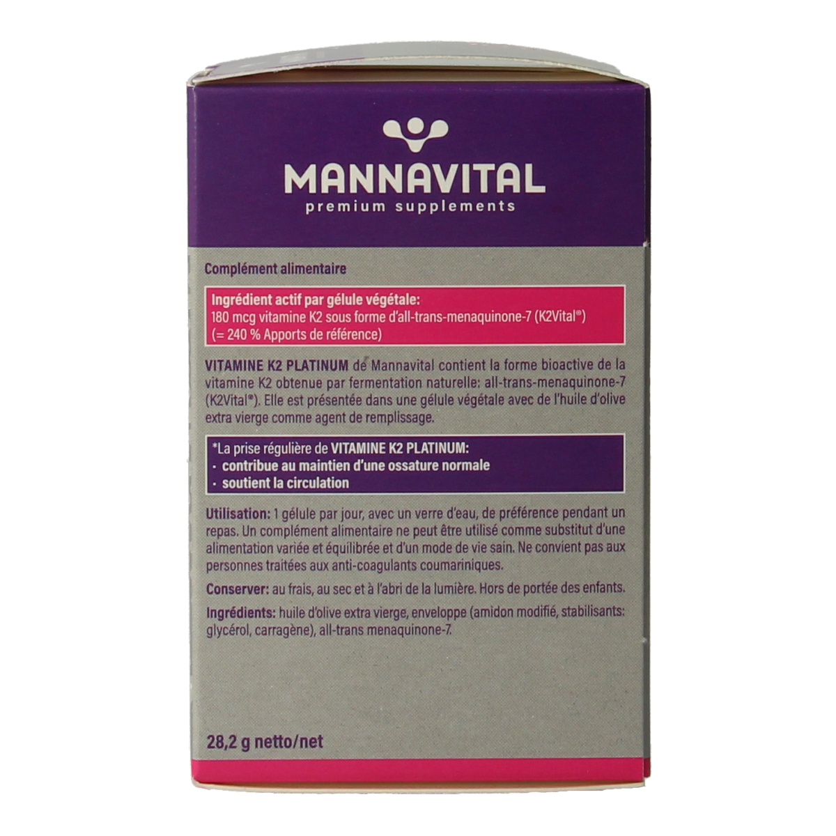 Mannavital Vitamin K2 vegetarian capsules, 60 count, in a clear container with label showing product details and brand name.