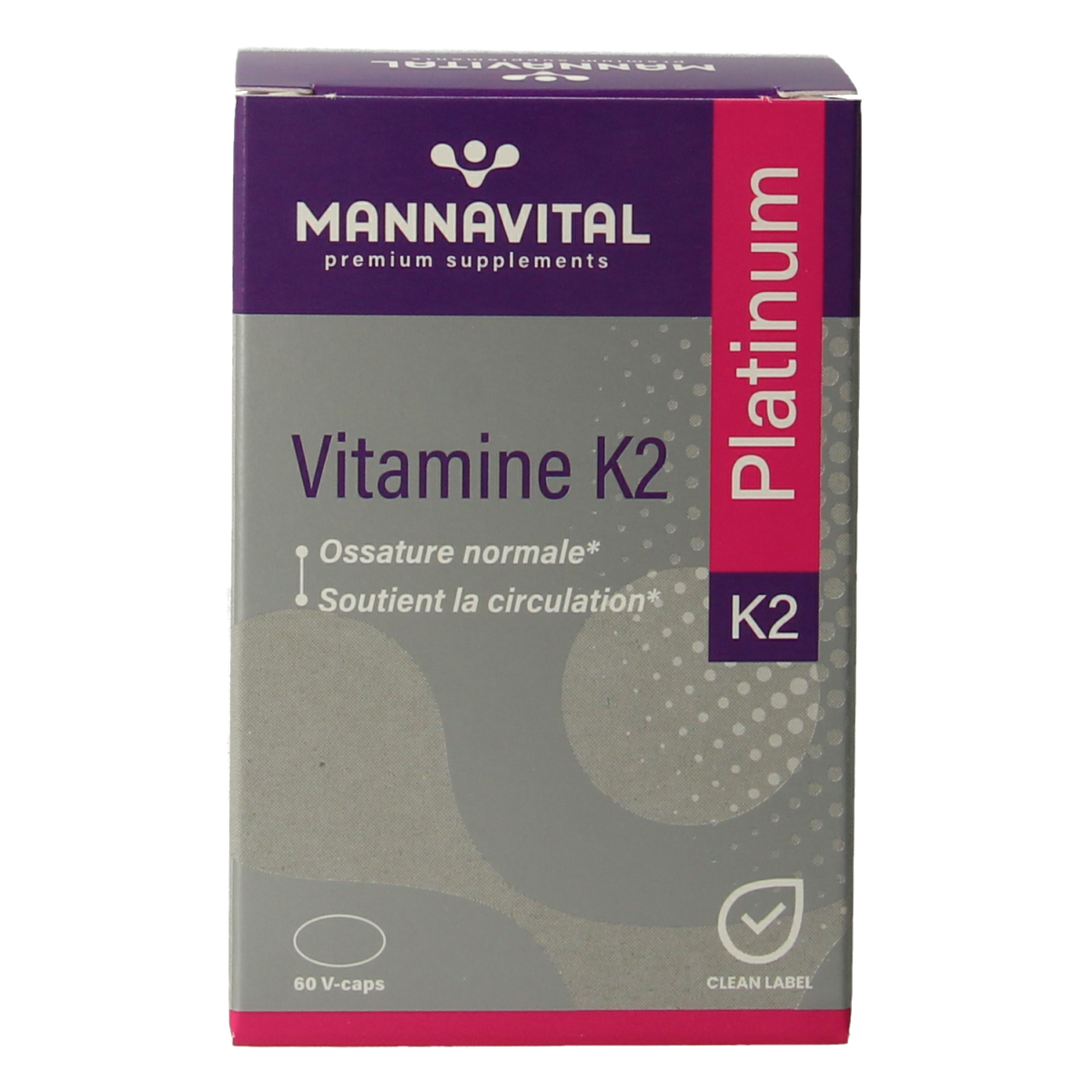Mannavital Vitamin K2 vegetarian capsules, 60-count, displayed in clear blister packaging on a white background.