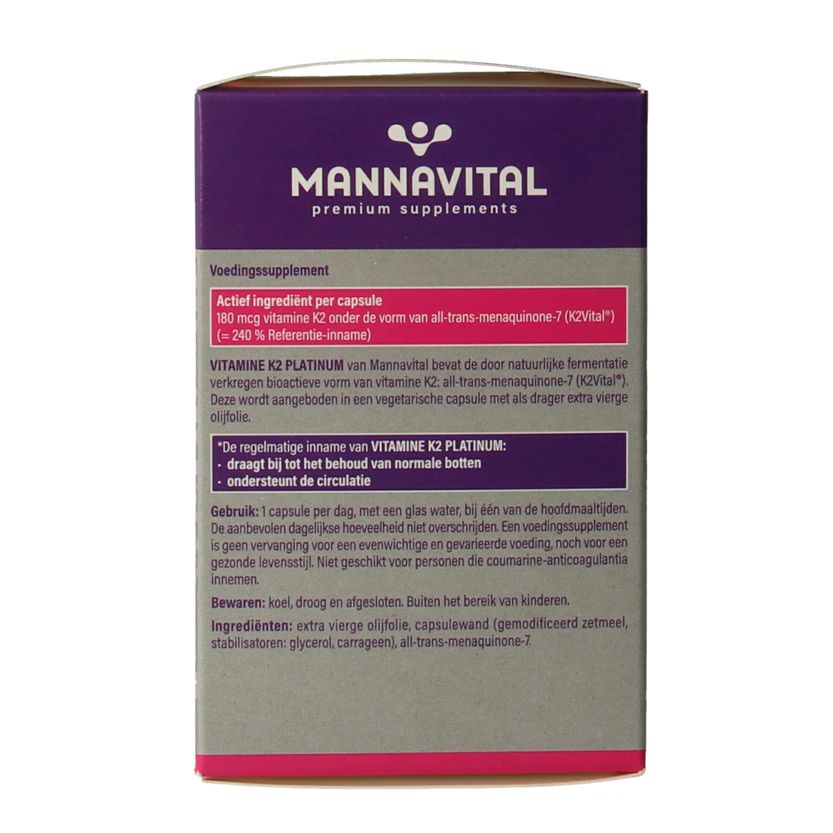 Mannavital Vitamin K2 vegetarian capsules, dietary supplement in clear bottles with green and white labels, close-up view