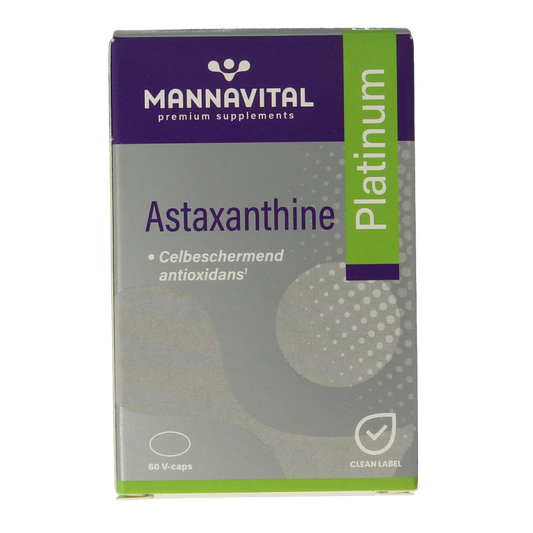 Mannavital Astaxanthine Platinum vegetarian capsules in a bottle, dietary supplement from Mannavital, herbal preparation.