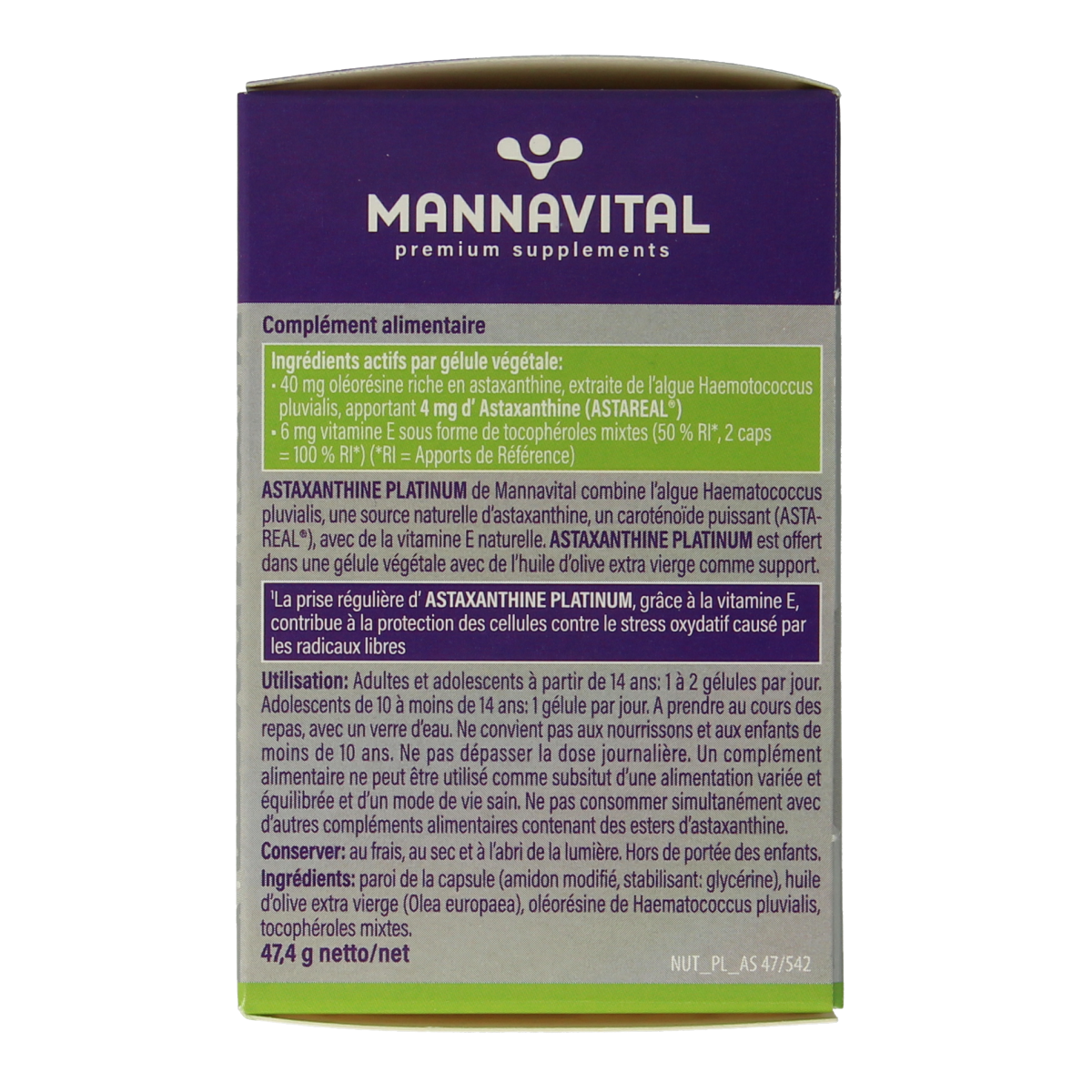 Mannavital Astaxanthine Platinum vegetarian capsules in a bottle, dietary supplement from Mannavital, herbal preparation.
