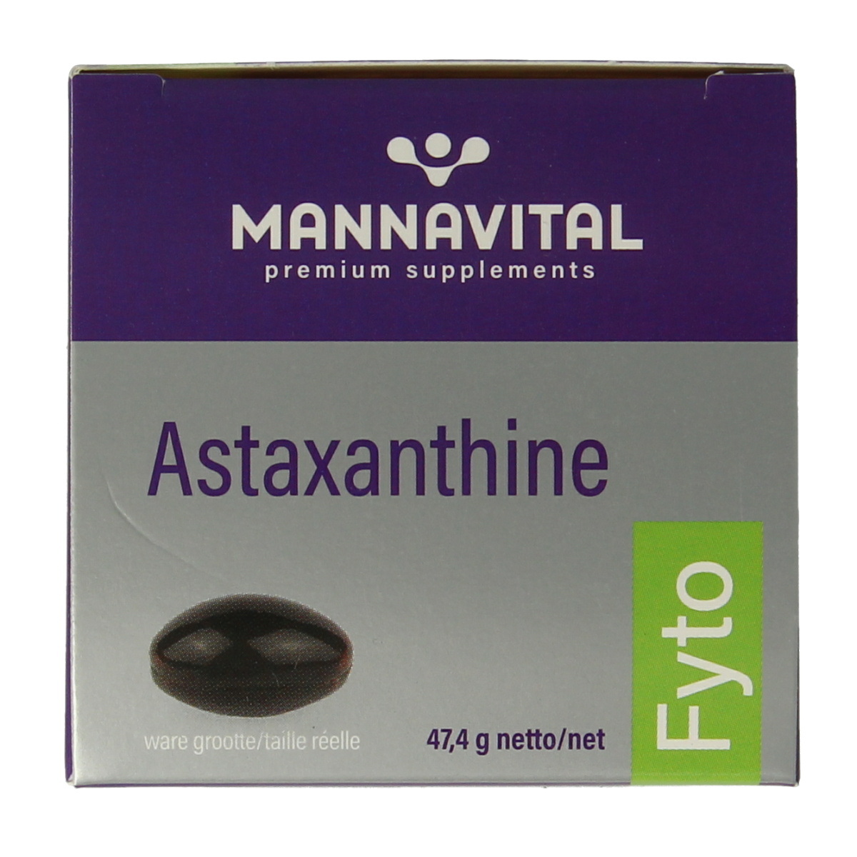 Mannavital Astaxanthine Platinum vegetarian capsules in a bottle, dietary supplement from Mannavital, herbal product packaging.