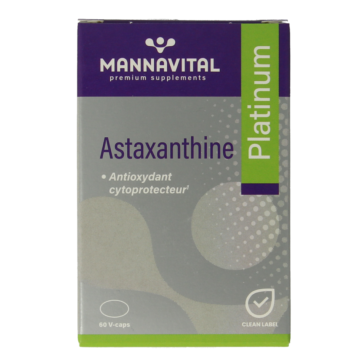 Mannavital Astaxanthine Platinum vegetarian capsules in a bottle, herbal supplement from Mannavital for antioxidant support.