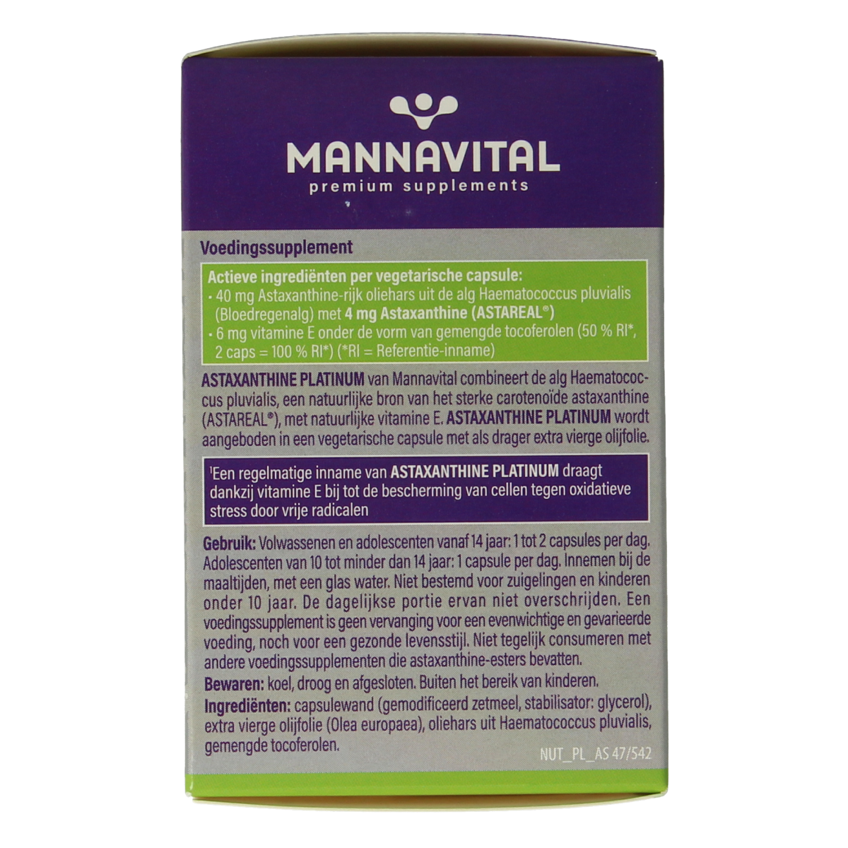 Mannavital Astaxanthine Platinum vegetarian capsules in a bottle, supplement for antioxidants and skin health.