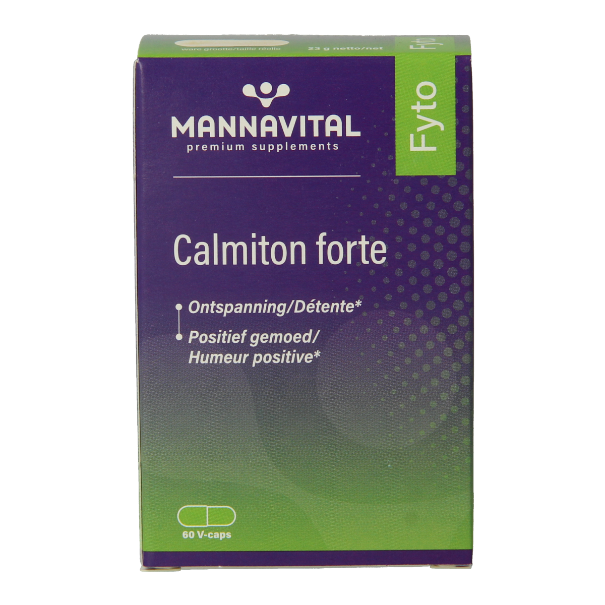 Mannavital Calmiton vegetarian herbal capsules in a white bottle with a label, used as a dietary supplement.