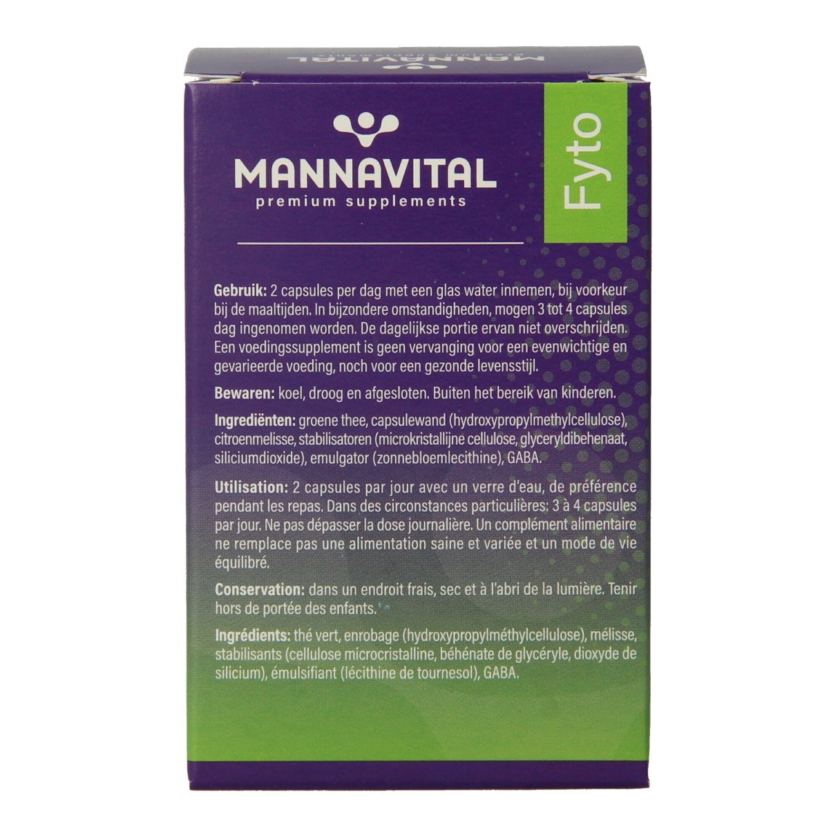 Mannavital Calmiton vegetarian herbal capsules in a white bottle with a label displaying product details and branding.