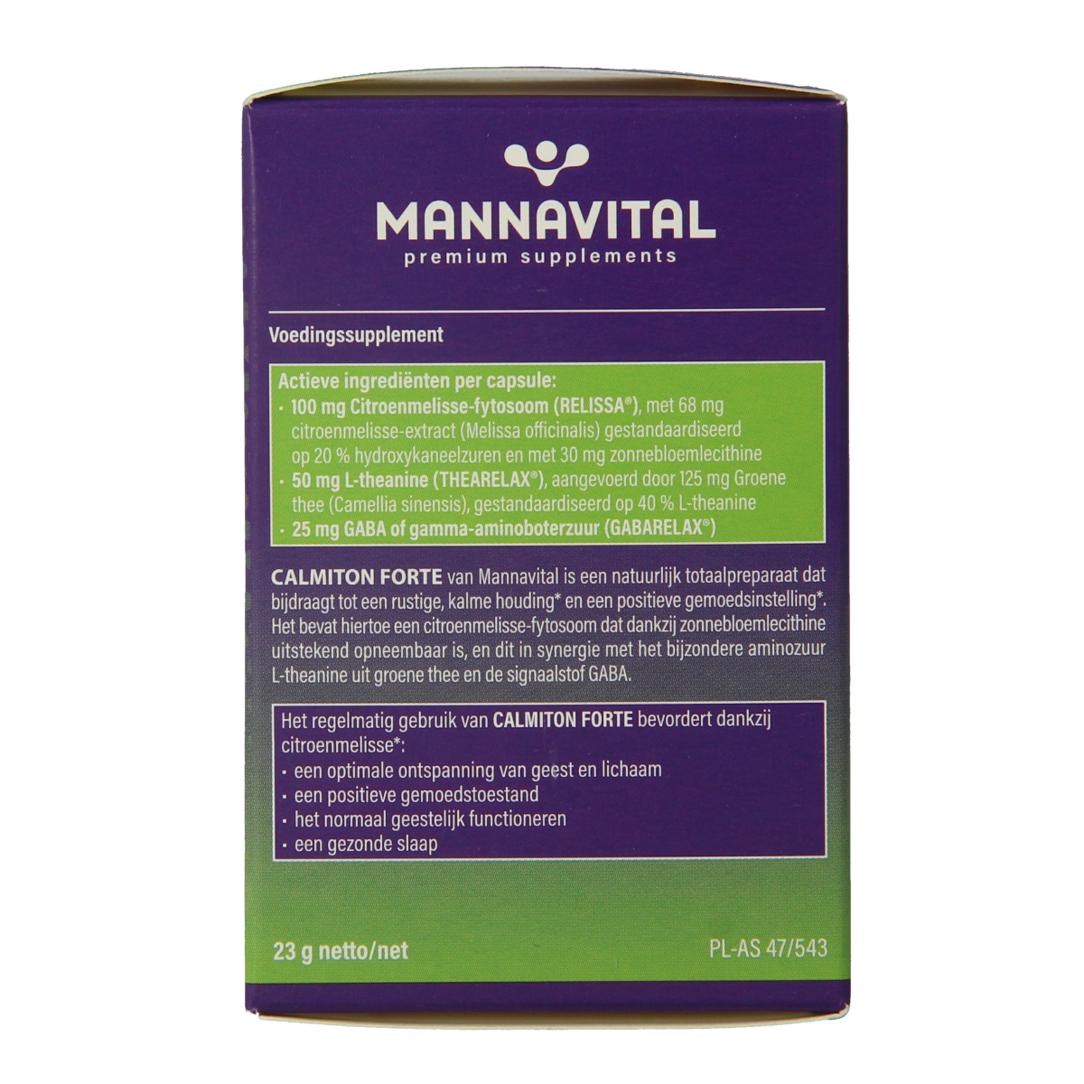 Mannavital Calmiton vegetarian herbal capsules in a clear bottle, showing the capsules inside and product label.