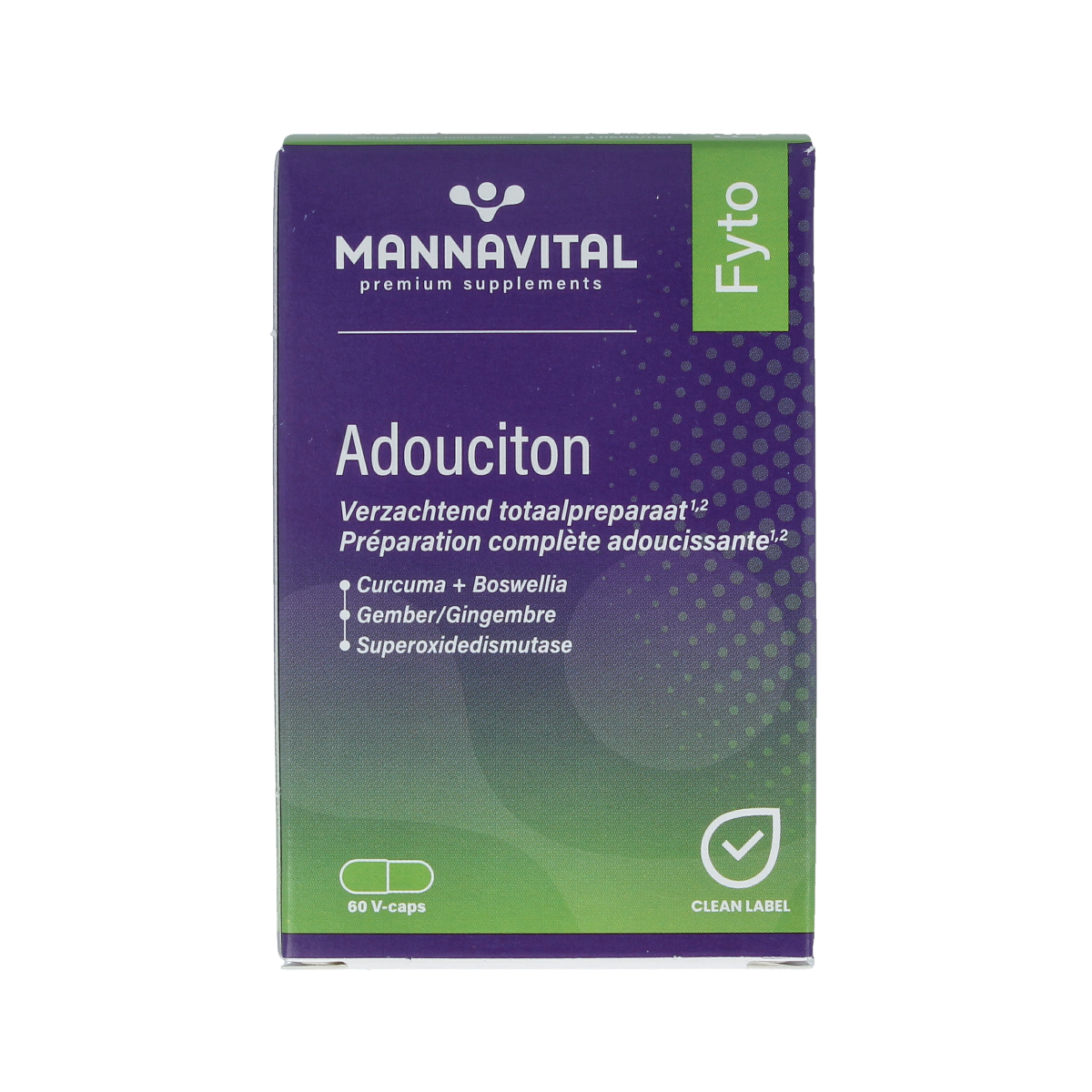 Mannavital Adouciton vegetarian capsules, herbal supplement in a bottle with multiple capsules visible, for natural health support.