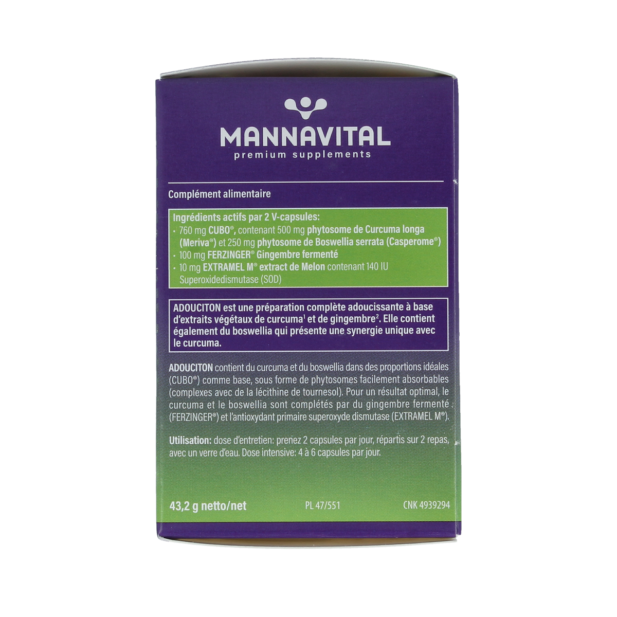 Mannavital Adouciton 60 vegetarian herbal capsules in a clear bottle, labeled as a herbal supplement for natural health.