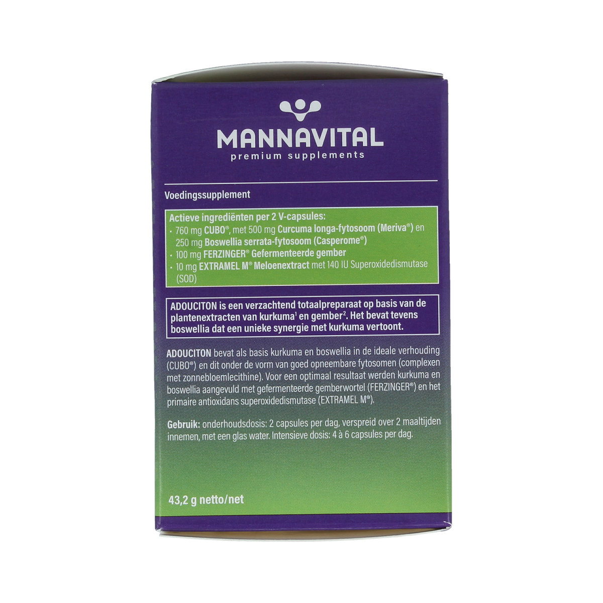 Mannavital Adouciton vegetarian capsules, herbal supplement in a clear bottle with white capsules on a white background.